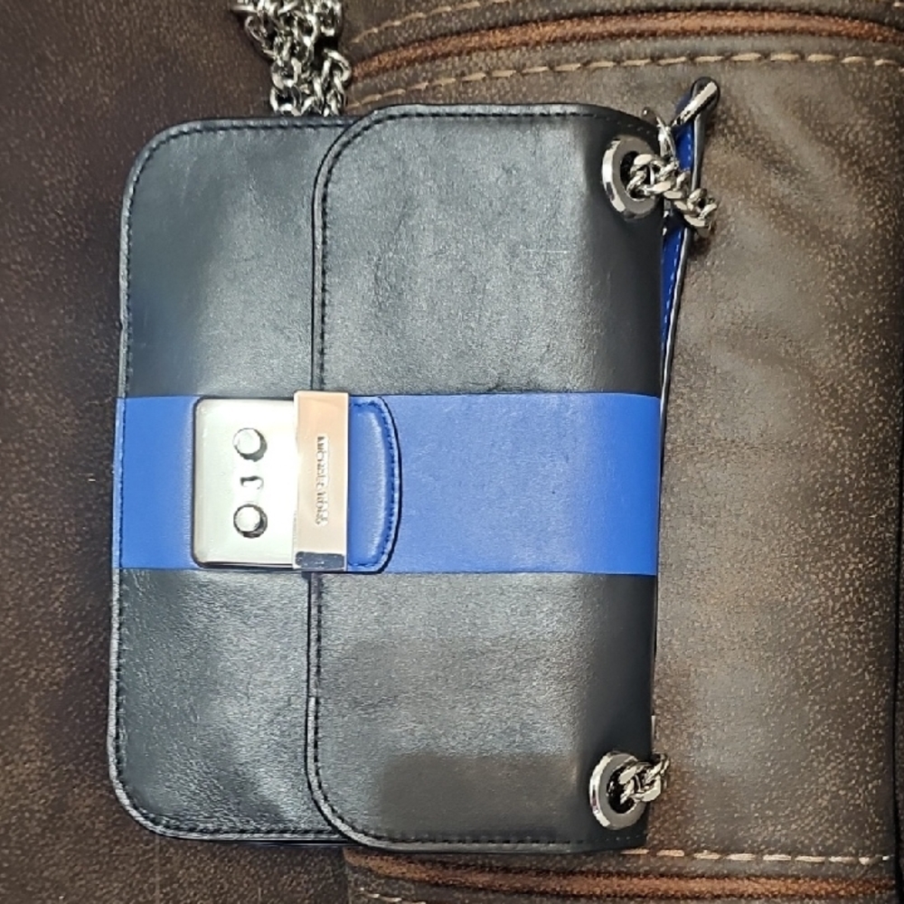Black and Blue Michael Kors Crossbody Bag with Silver Chain Strap
